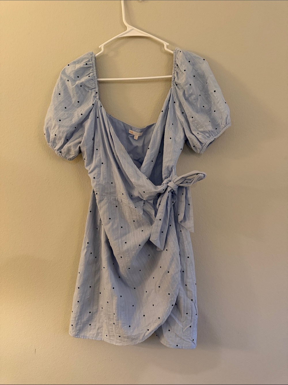 Gianni Bini Light Blue Polka Dot Puff Sleeve Wrap Mini Dress